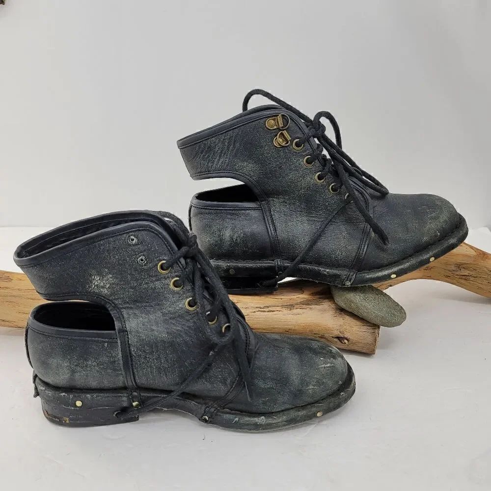 Jeffrey campbell distressed black leather open back booties